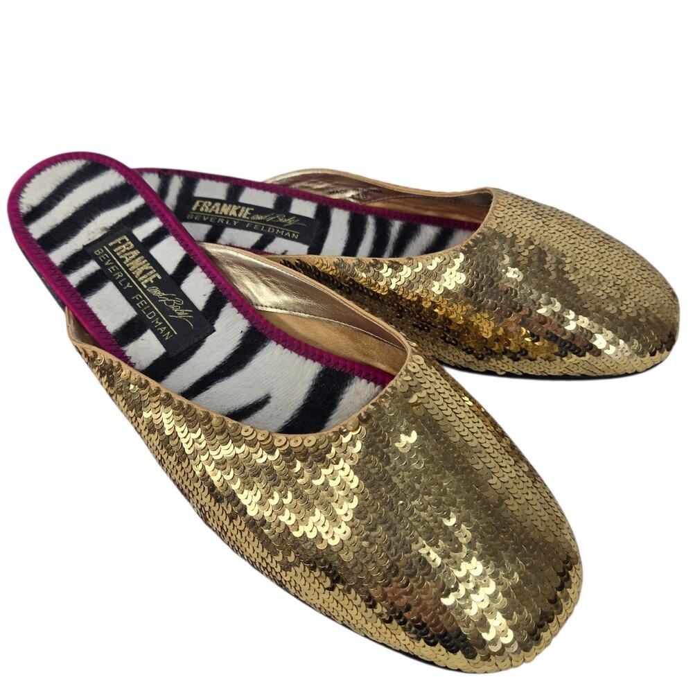 Beverly Feldman Frankie and Baby VTG Sequin Flats Mules Gold Slides Size 11B